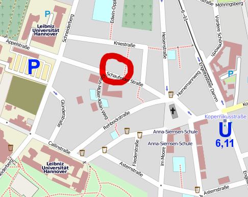 Lageplan des "Zwischenzeit" in der Schaufelder Straße, Kartenbasis: OpenStreetMap, CC-BY-SA