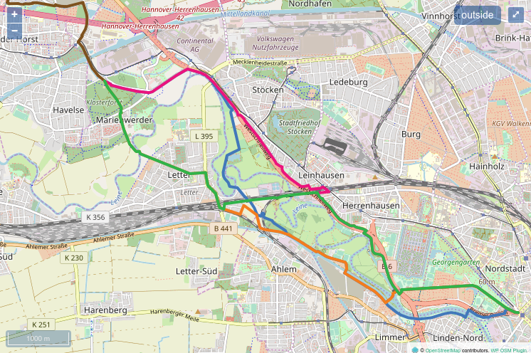Radschnellweg Hannover - Garbsen, Planungsvarianten. Kartengrundlage: Openstreetmap, Visualisierung: H.C. Edelmann