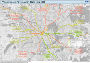 Veloroutennetz für Hannover, Stand März 2022